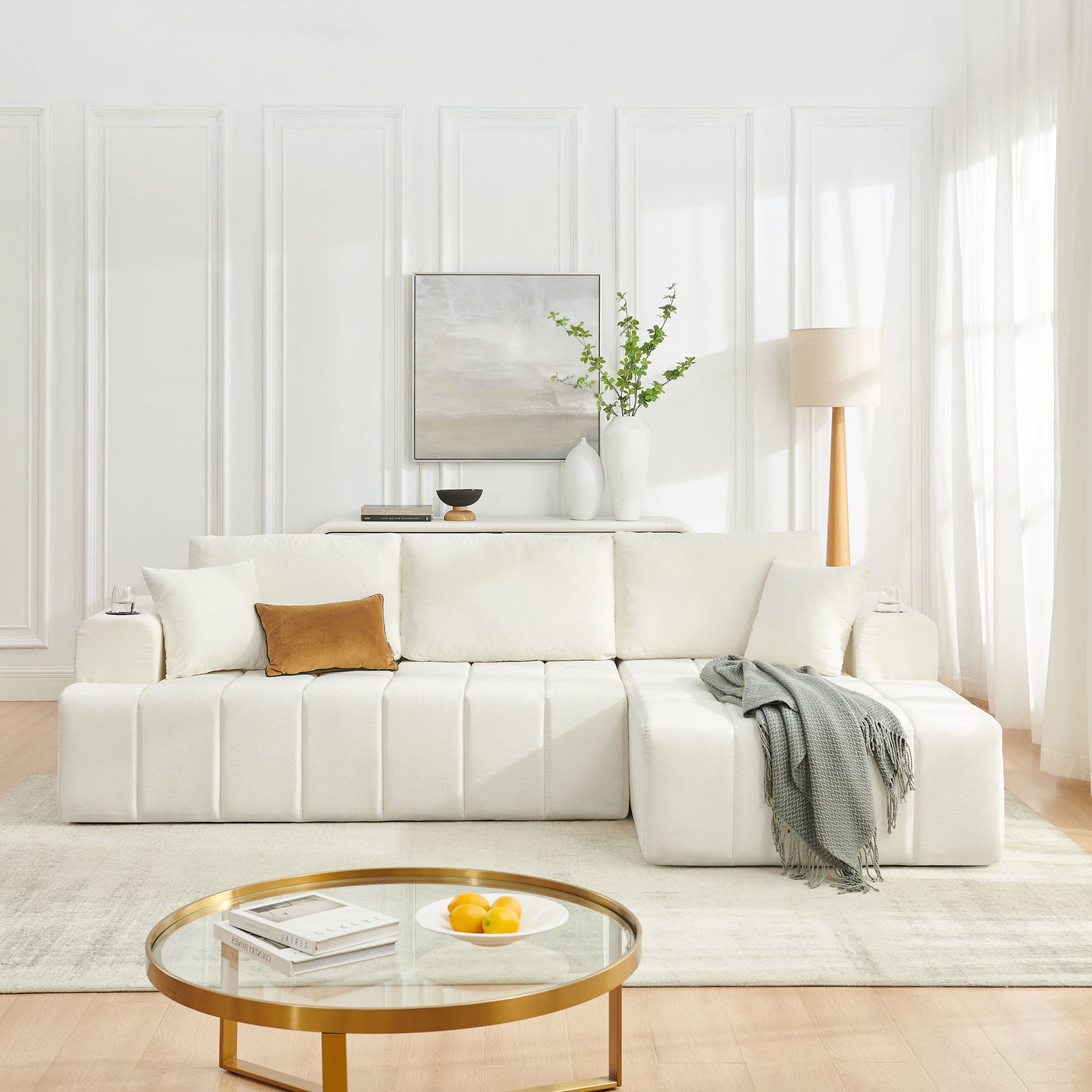 L - Shaped Sectional Sofa With Cup Holders &amp; Side Pockets