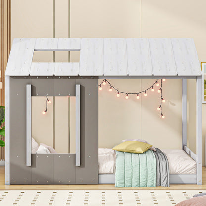 Twin Size House Platform Bed With Roof And Window - Natural / White