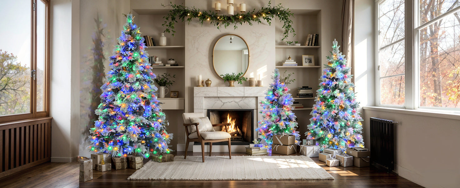 6FT Pre-Lit Spruce Snow Flocked Christmas Tree with Pine Cones, Artificial Xmas Tree with 403 Branch Tips,Mixed PE &amp; PVC Branches, 250 Multi-Color LED Lights, 11 Flashing Modes, Holiday Décor