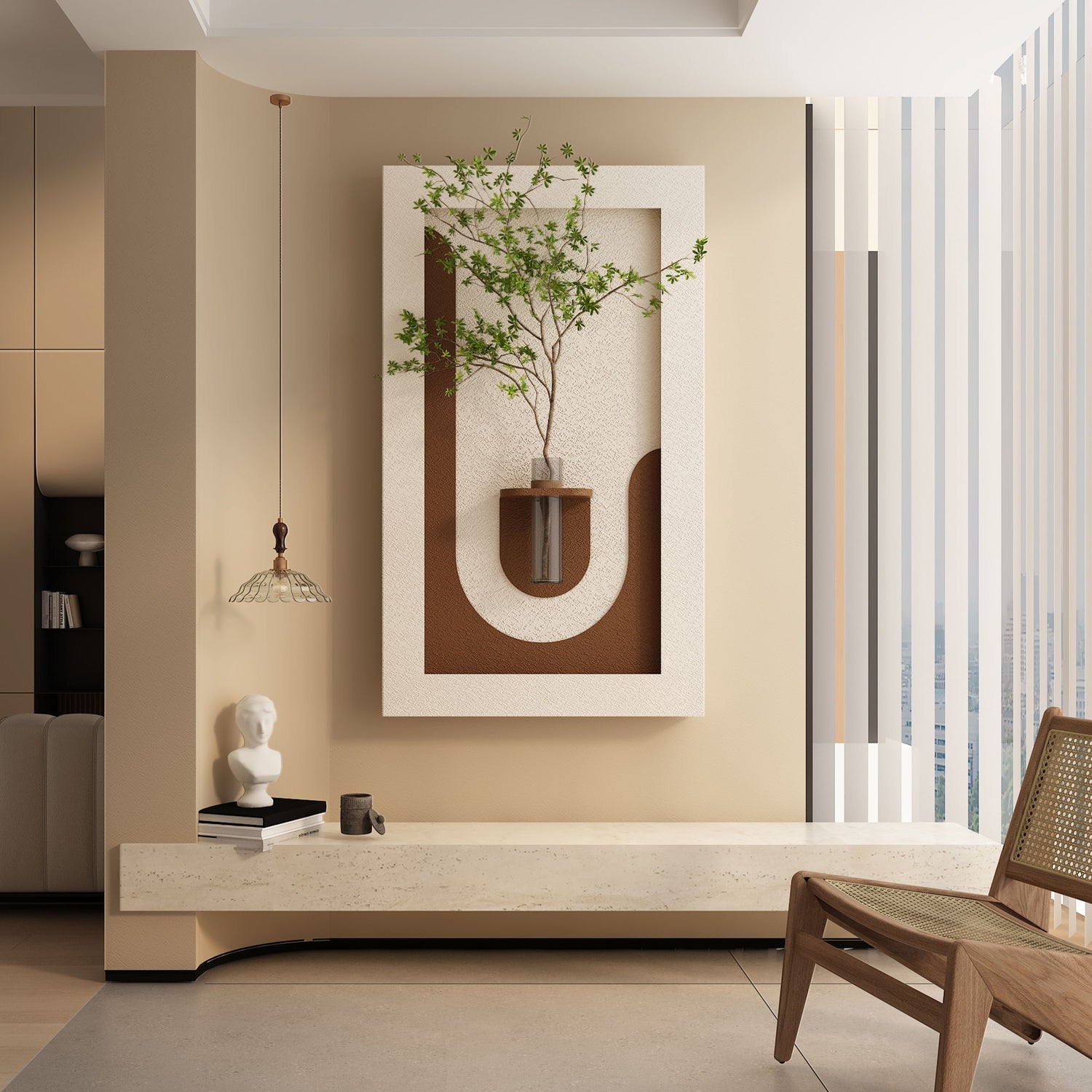 Adjustable 3 Color LED Sandstone Wall Decor With Simulated Plants, Vase &amp; Rabbit Statue - Light Coffee