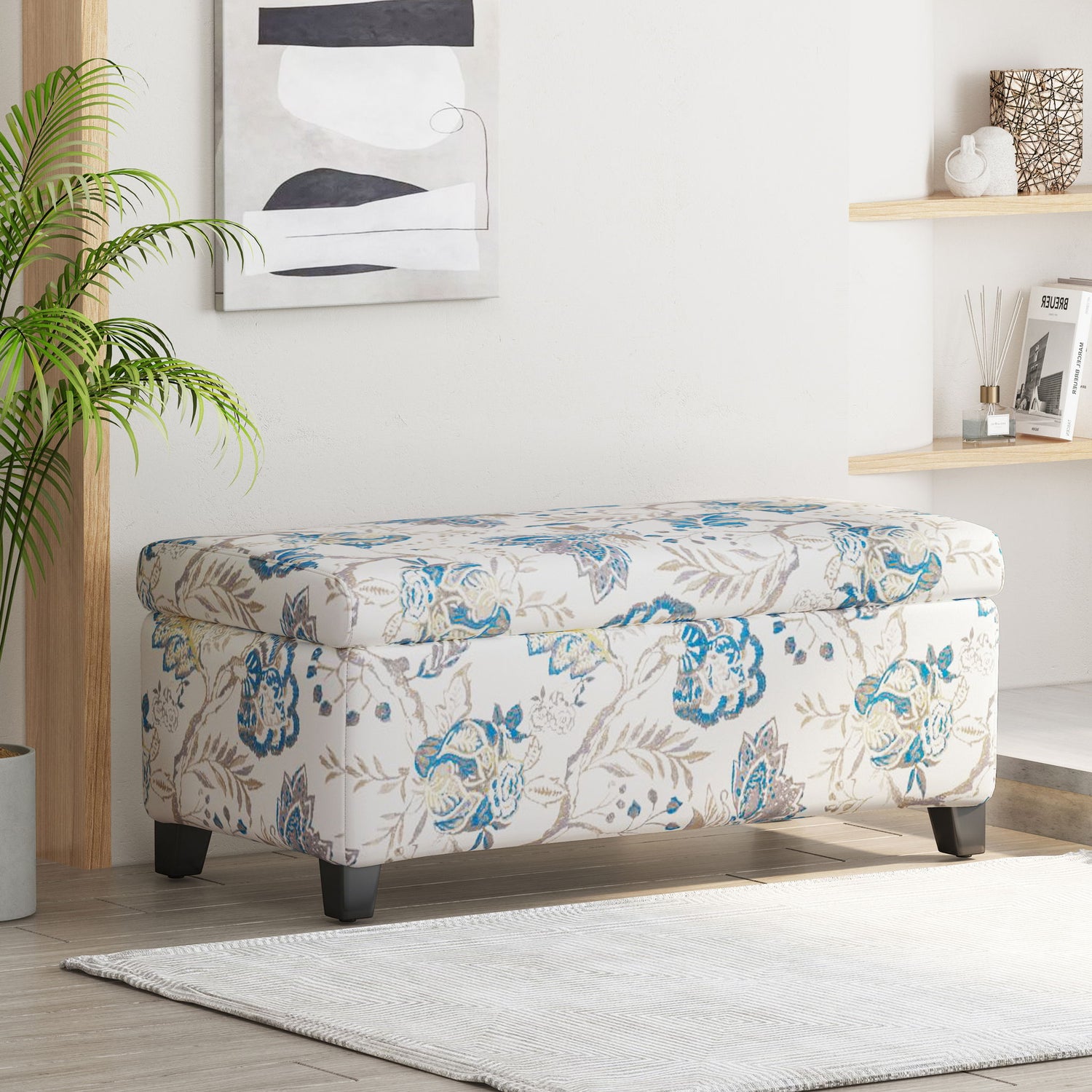 Luxury Storage Ottoman With Floral Patterned Fabric, Soft Close Hinges, Functional Footrest &amp; Seat - Blue Flower / Blue Multi