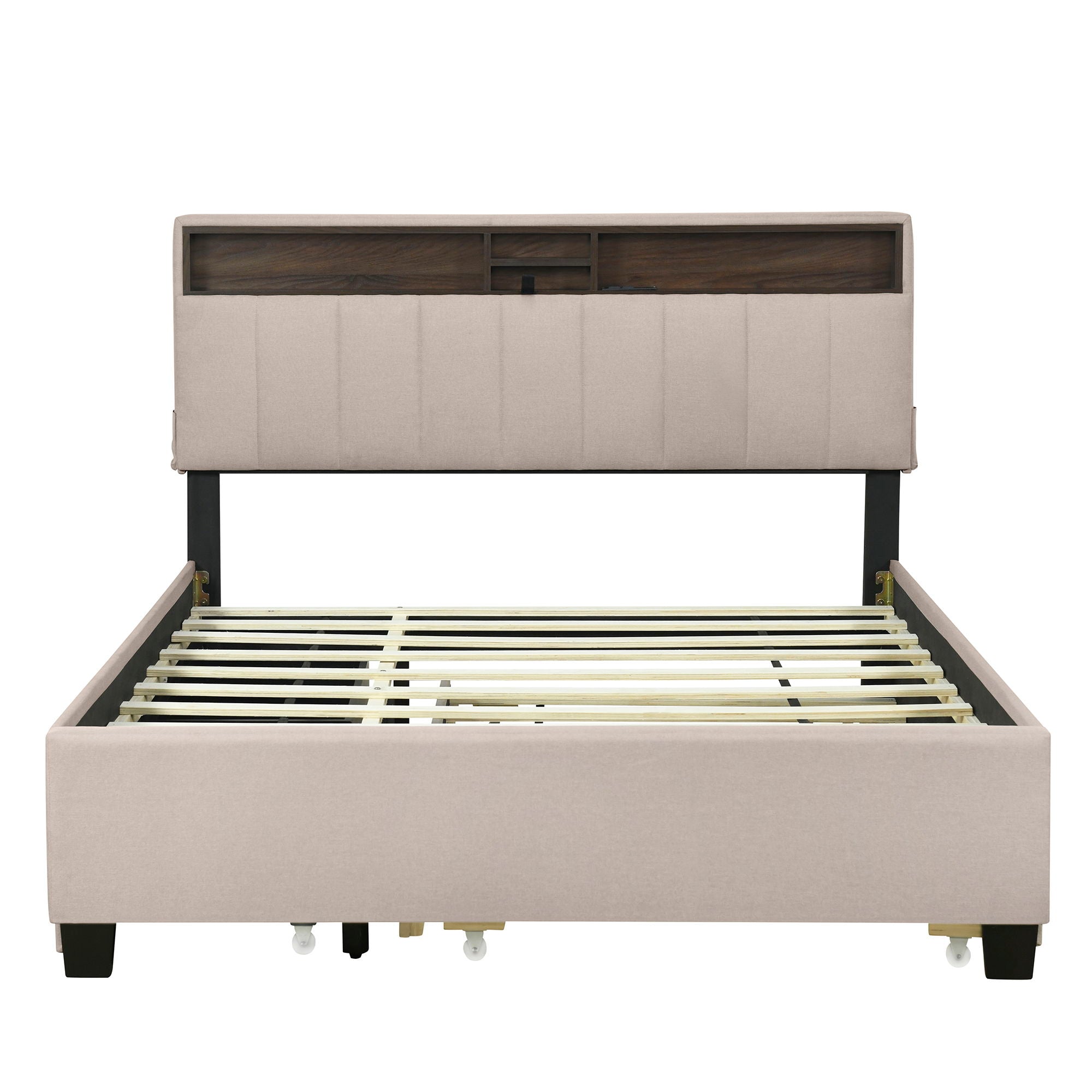 Upholstered Platform Bed With Storage Headboard, Trundle &amp; 2 Drawers And A Set Of Sockets &amp; USB Ports