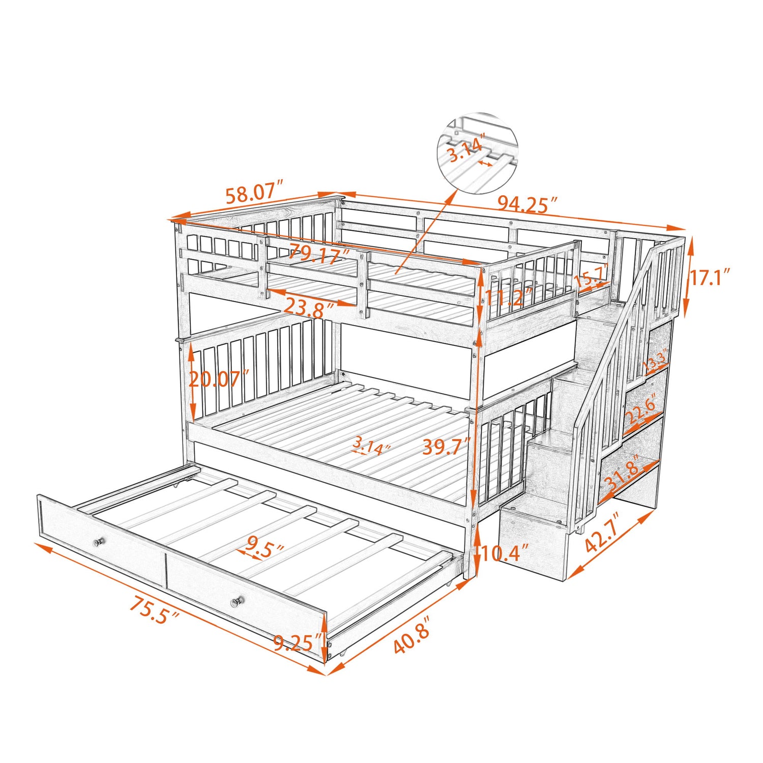 Stairway Bunk Bed With Storage And Guard Rail For Bedroom