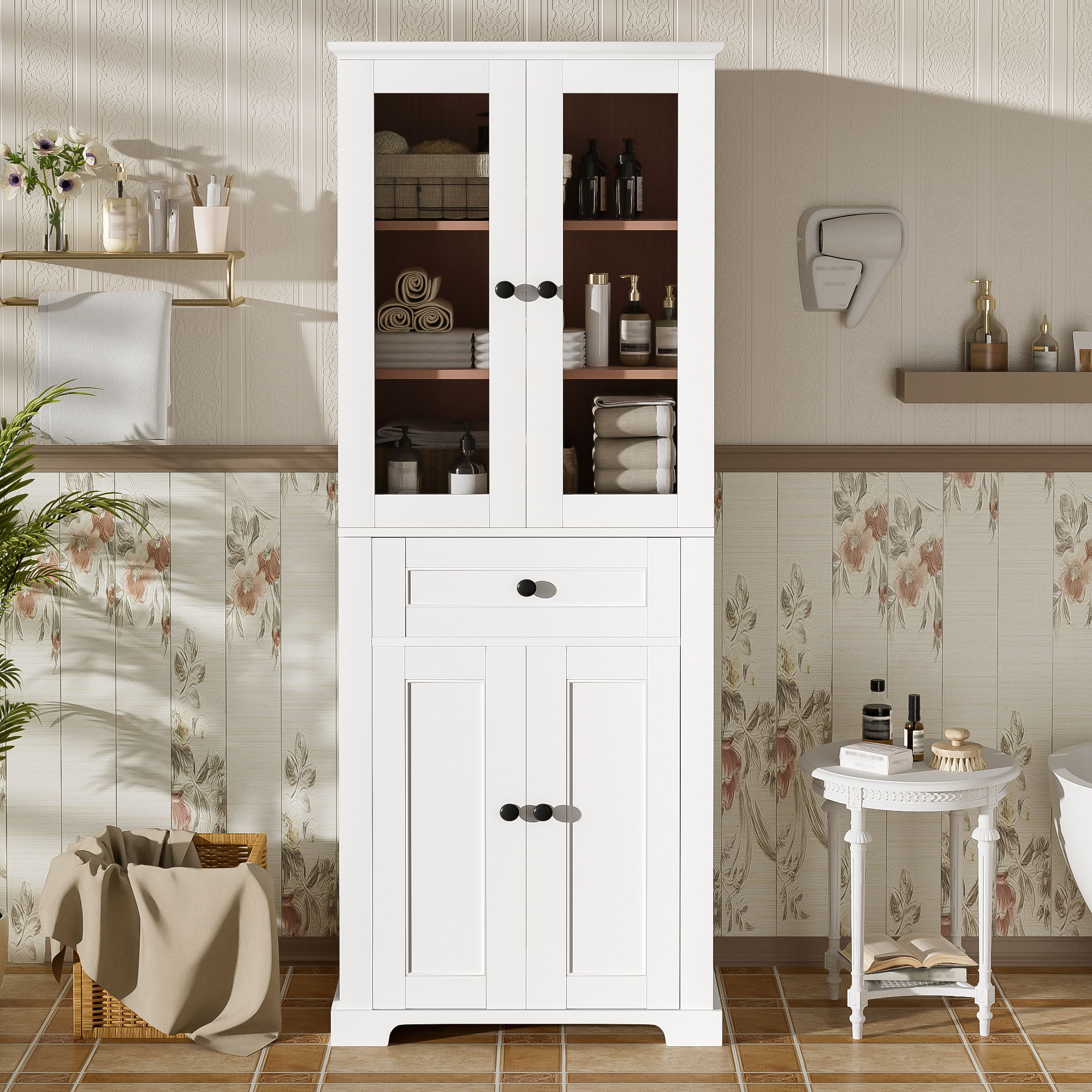 Bathroom Storage Cabinet, Adjustable Shelves &amp; Drawer, Freestanding Linen Tower