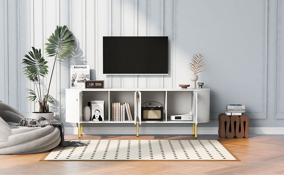 Modern TV Stand For TVs Up To 80&quot;, Entertainment Center With 4 Cabinets, Wood Media Console With Metal Legs And Handles For Living Room