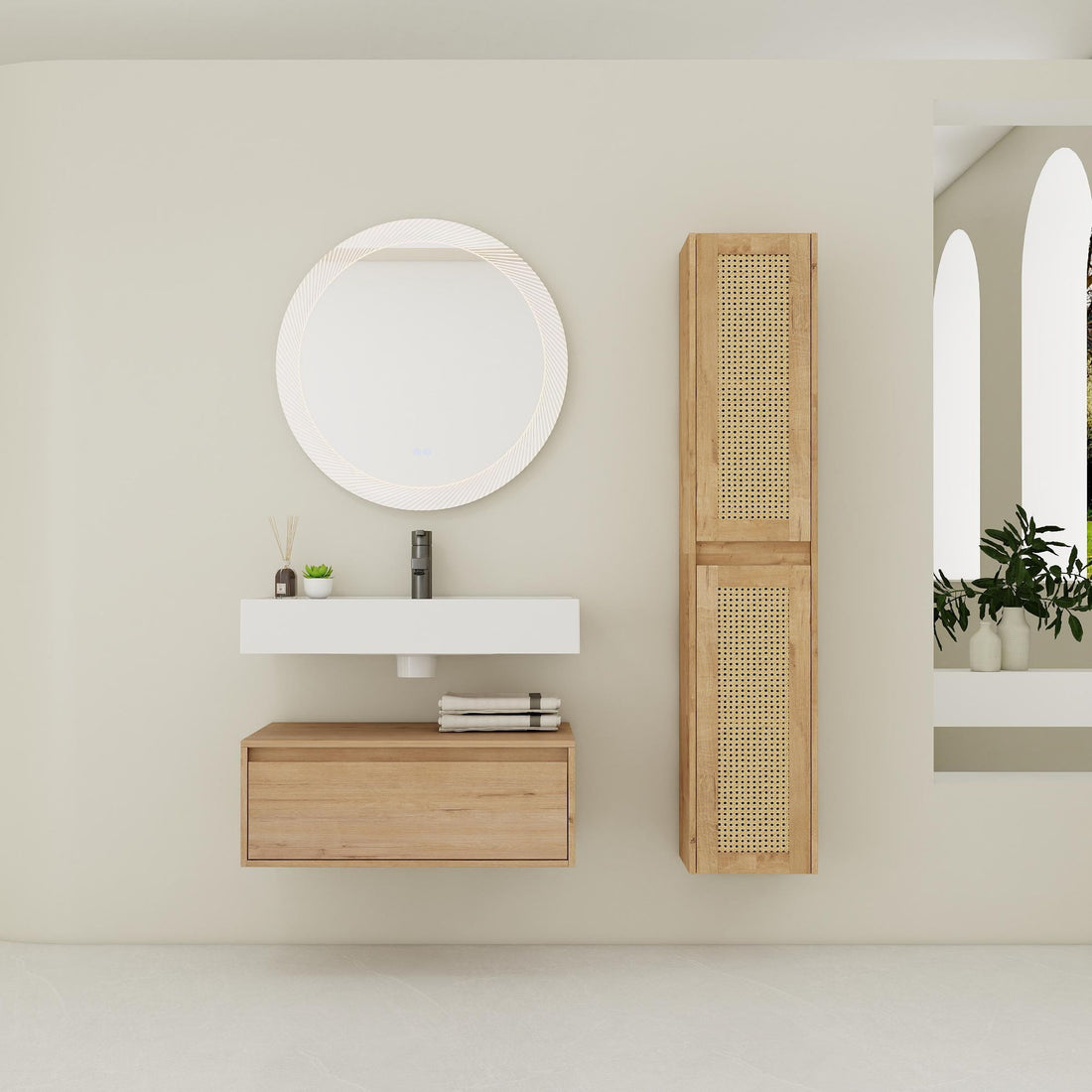 Modern Imitative Wall Mounted Bathroom Vanity With Resin Sink &amp; 2 Side Cabinet, Soft Close Drawer - Imitative Oak