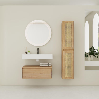 Modern Imitative Wall Mounted Bathroom Vanity With Resin Sink &amp; 2 Side Cabinet, Soft Close Drawer - Imitative Oak
