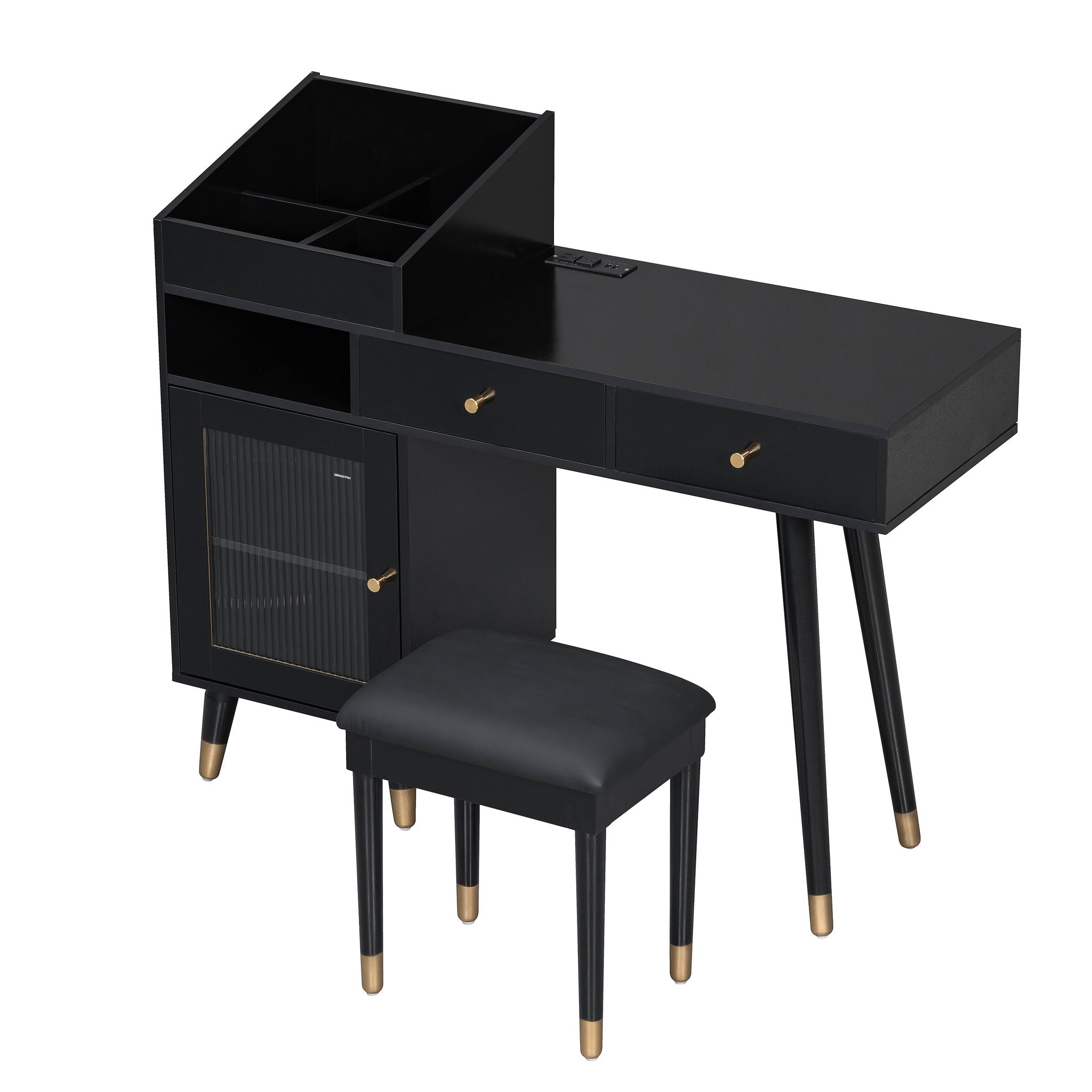 Modern Makeup Vanity Desk With Drawers Cabinet &amp; Charging Port Engineered Wood Space Saving Design For Small Places - Black