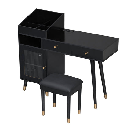 Modern Makeup Vanity Desk With Drawers Cabinet &amp; Charging Port Engineered Wood Space Saving Design For Small Places - Black