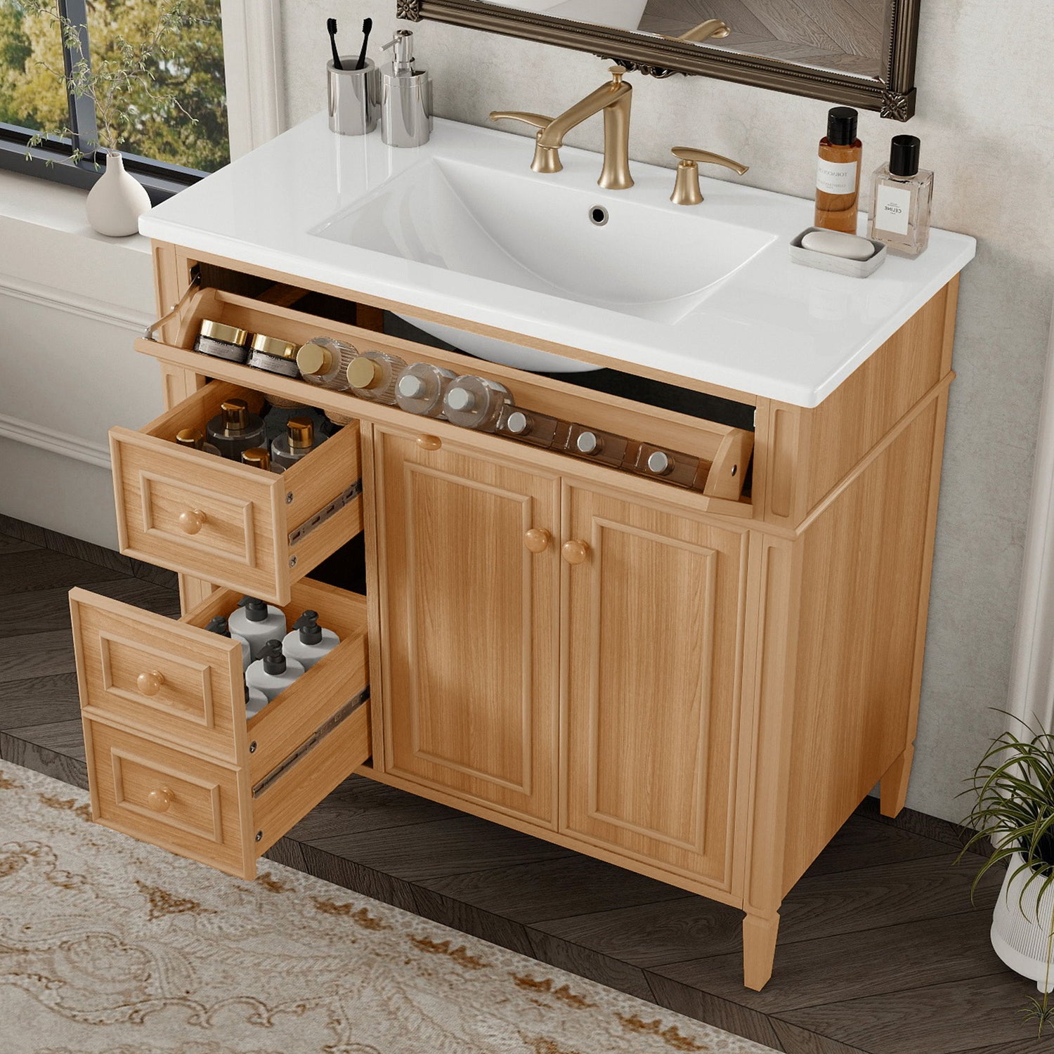 Bathroom Vanity With Sink, 3 Drawers &amp; 2 Doors