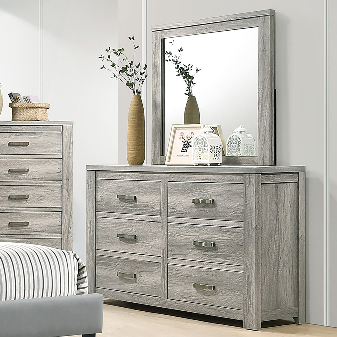 1 Piece Dresser With Handles, 6 Drawers - Light Gray