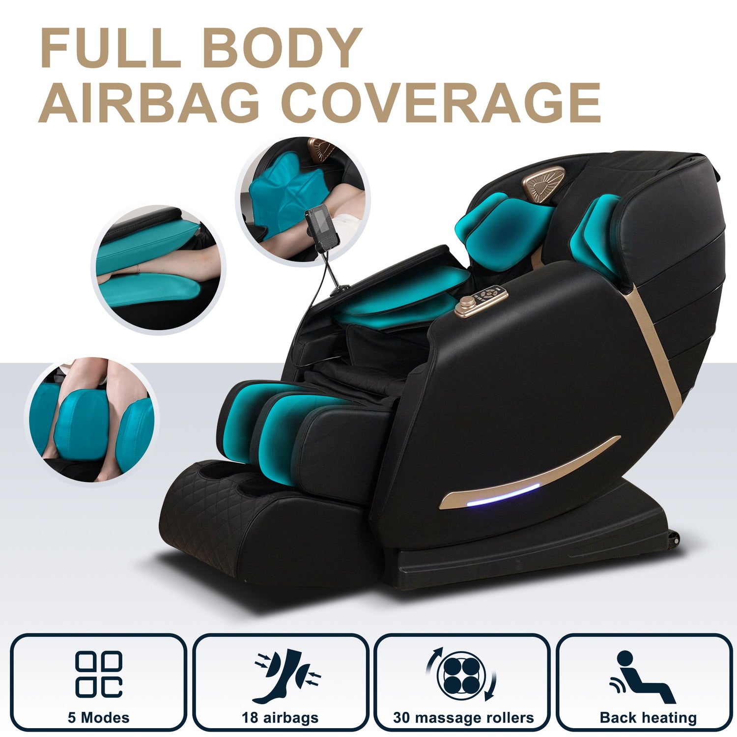 Full Body Massage Chair With Zero Gravity Recliner, With Two Control Panel: Smart Large Screen &amp; Rotary Switch, Spot Kneading And Heating - Black