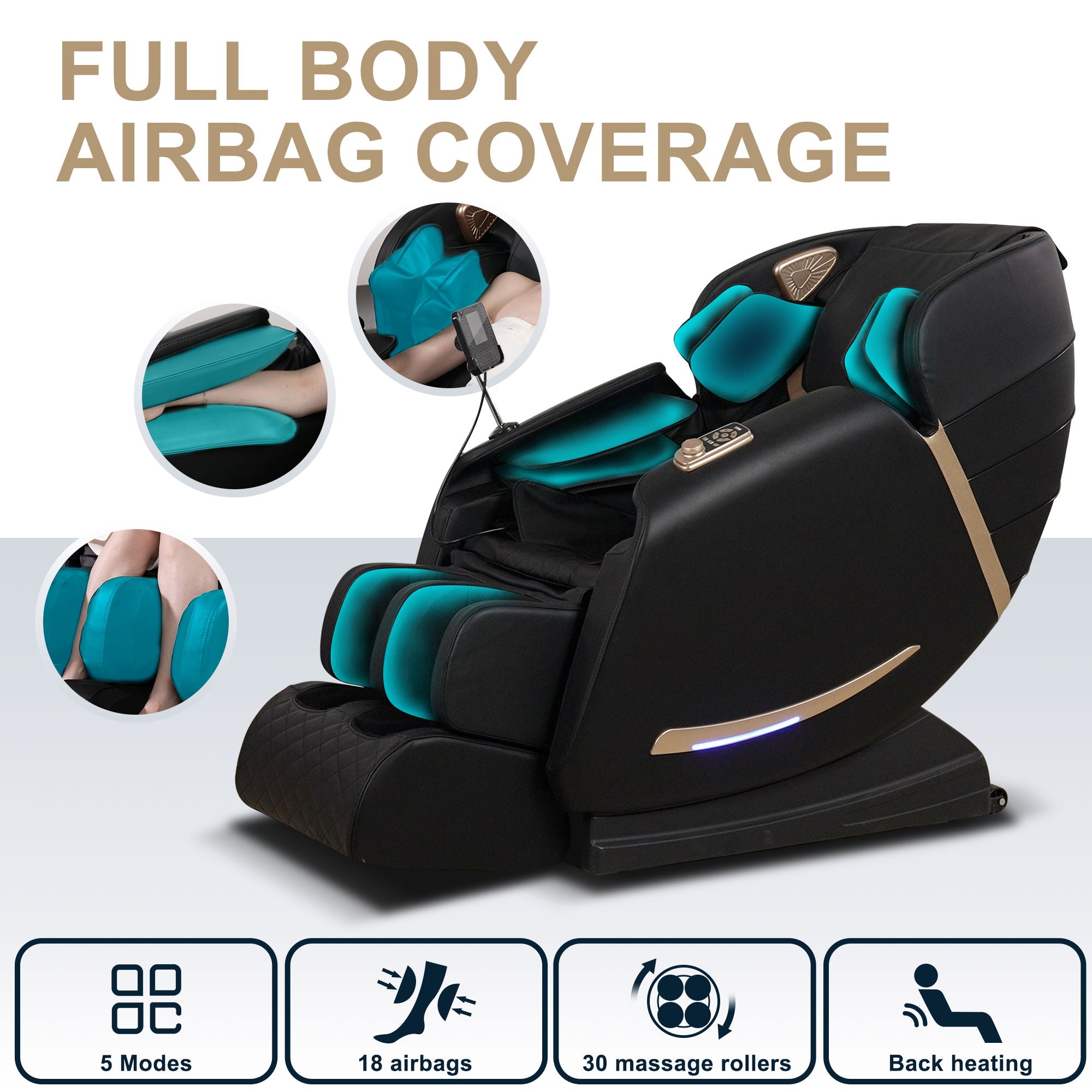 Full Body Massage Chair With Zero Gravity Recliner, With Two Control Panel: Smart Large Screen &amp; Rotary Switch, Spot Kneading And Heating - Black