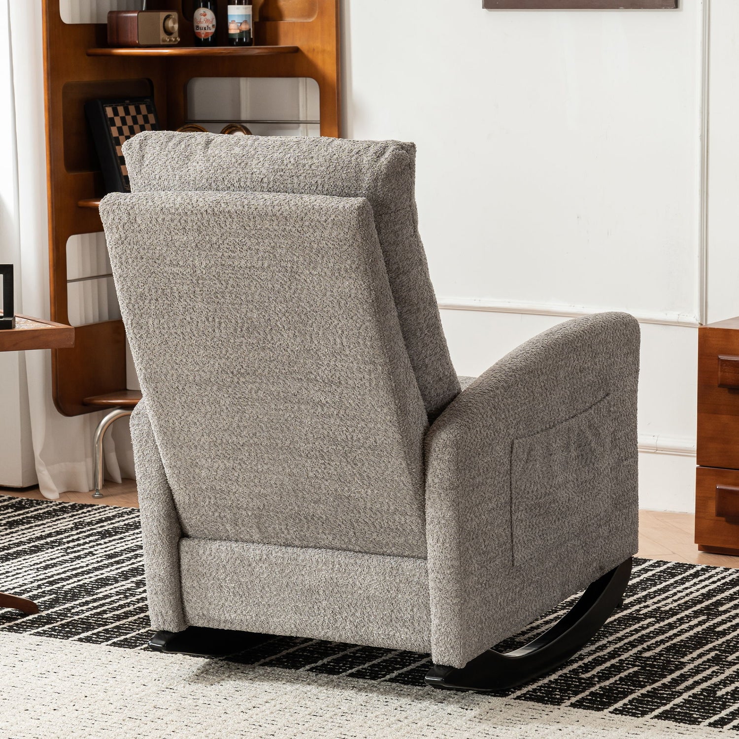 Accent Rocking Chair &amp; Footrest High Back Rubber Wood Rocking Legs Bedroom Living Space - Gray