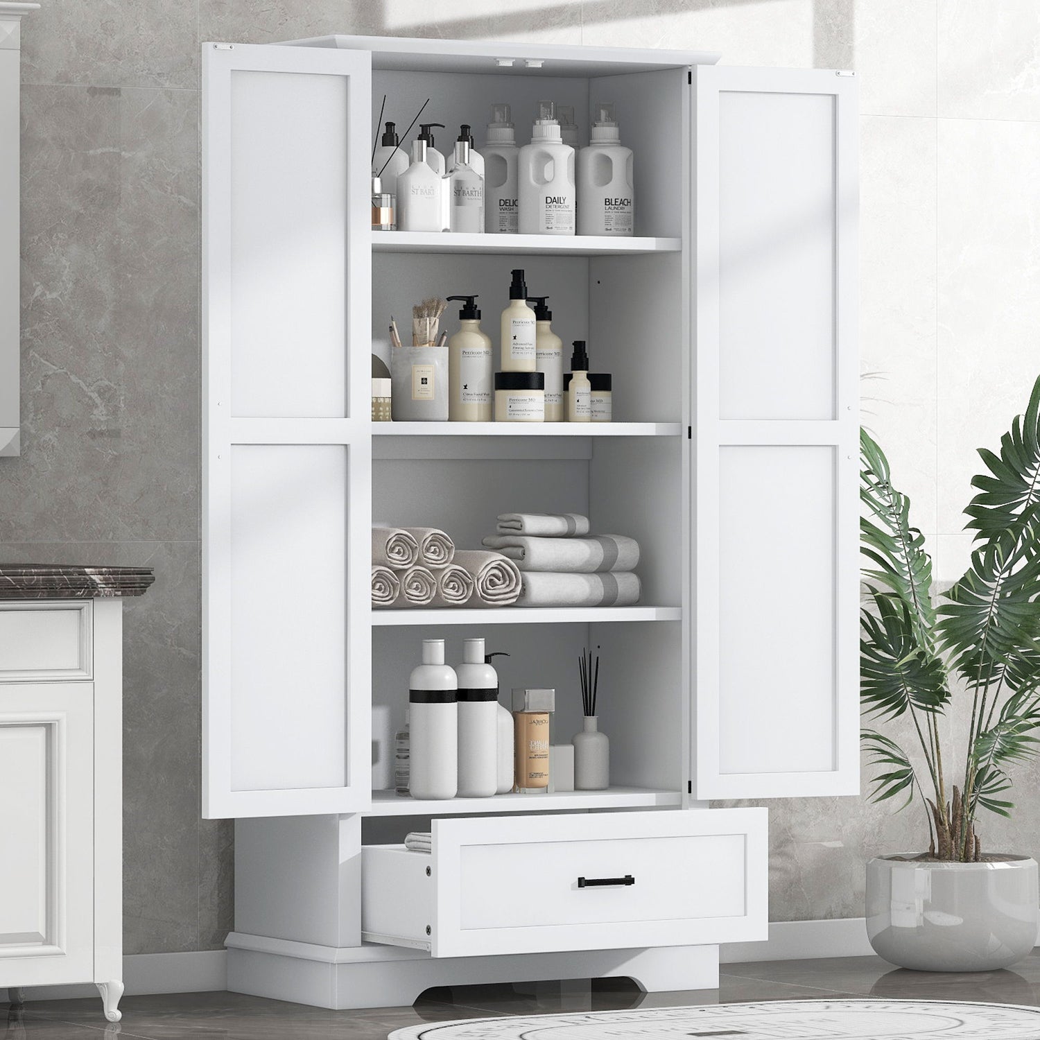 Tall Bathroom Storage Cabinet With 2 Doors And 2 Drawer, Adjustable Shelf - White