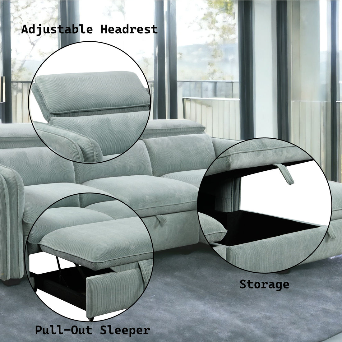 Zavala - Chenille Sectional Sofa With Sleeper &amp; Storage - Light Green