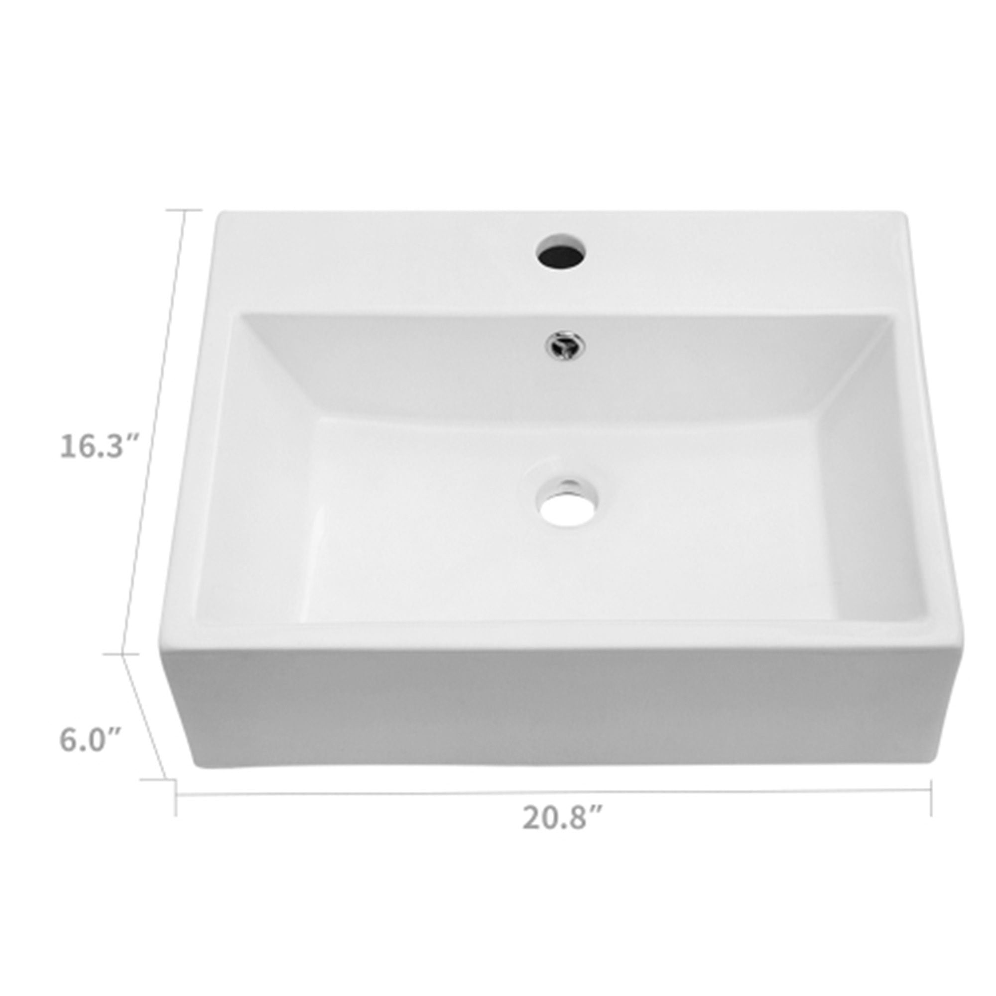 Modern Ceramic Rectangular Wall Mounted Bathroom Sink With Faucet Hole &amp; Overflow