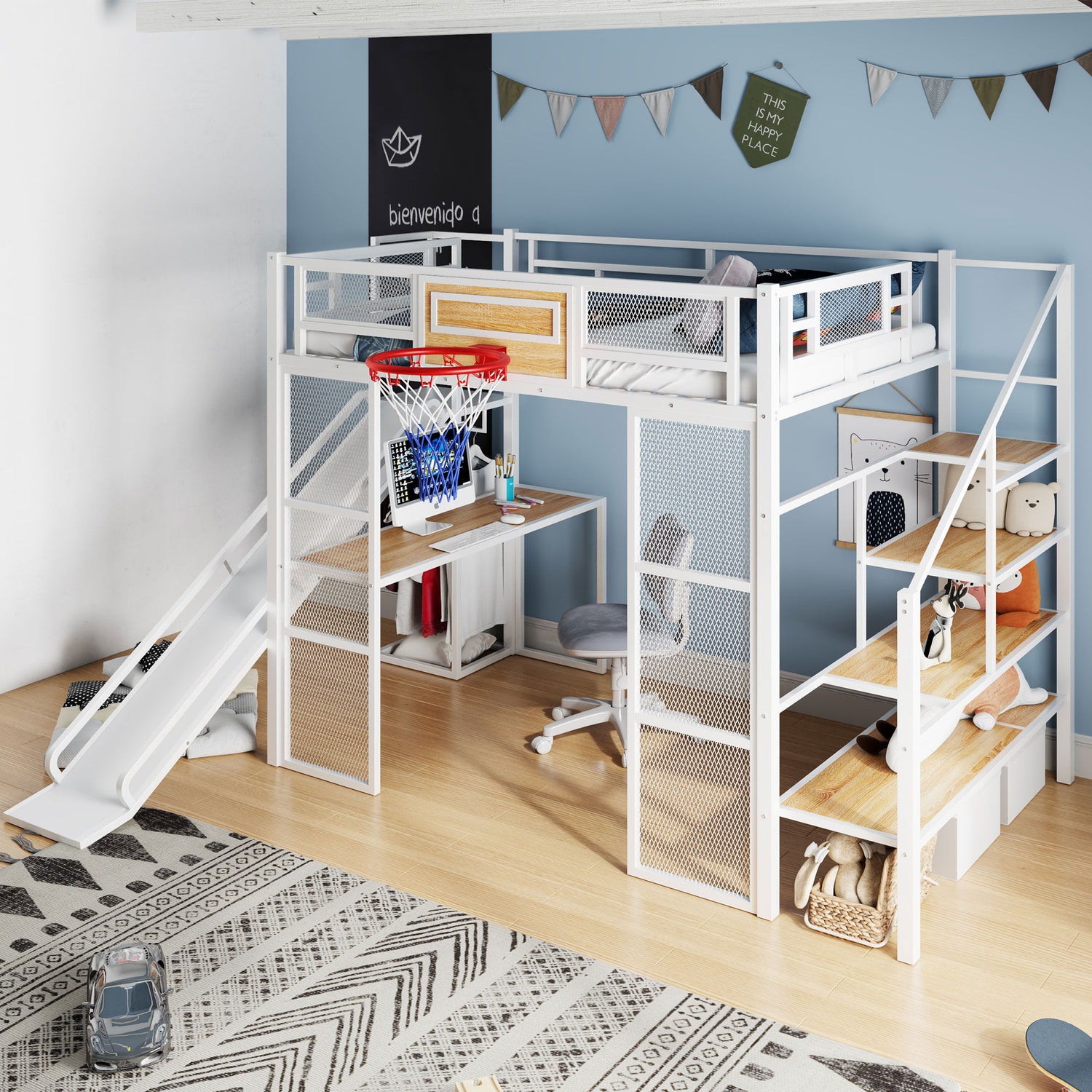 Loft Bed With Built In Desk, Open Wardrobe, Basketball Hoop, Slide And Staircase