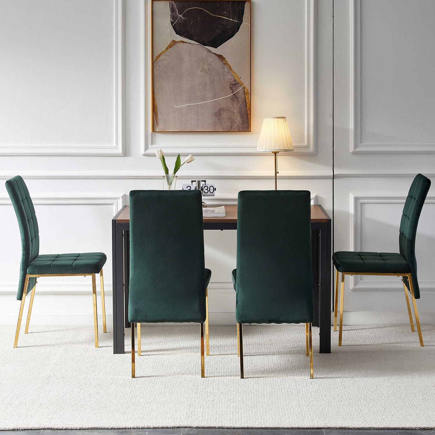 5 Pieces Dining Set Including Velvet High Back Golden Color Legs Nordic Dining Chair &amp; Creative Design Dining Table