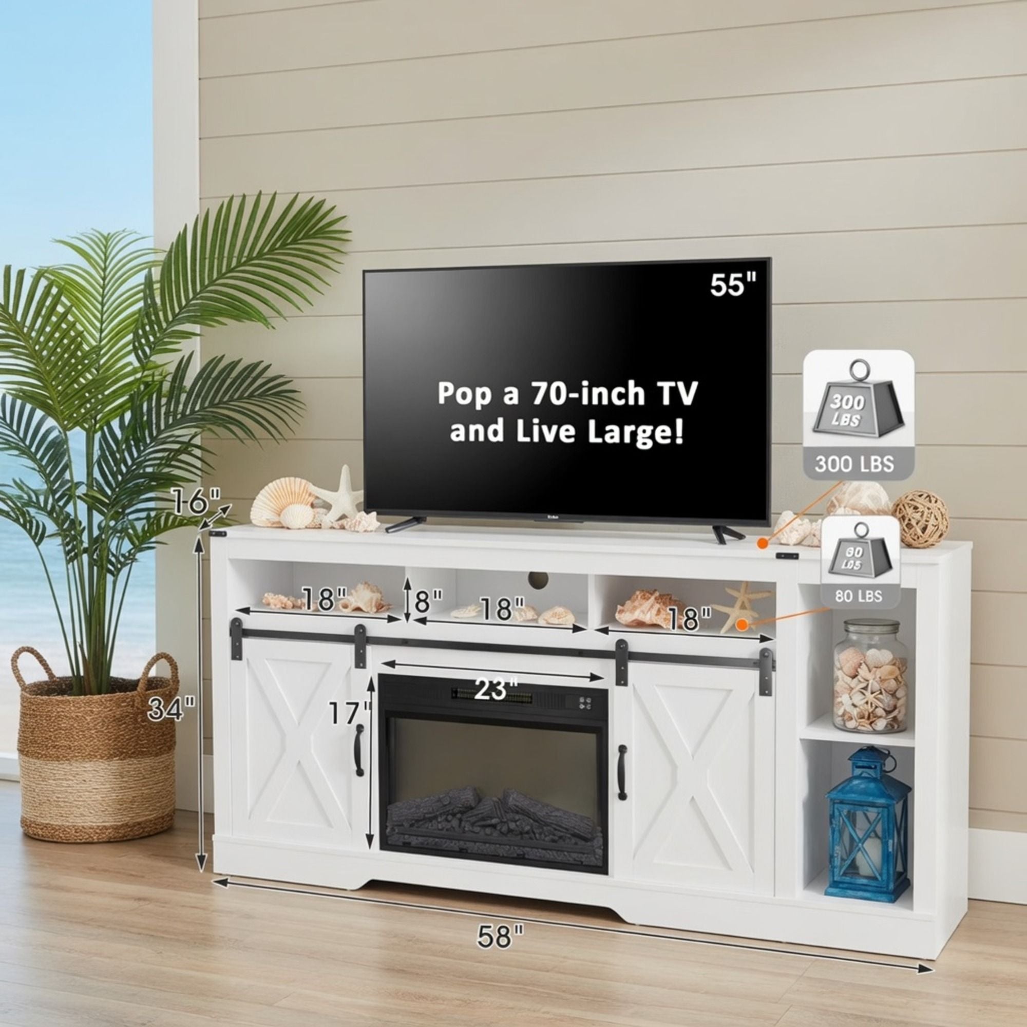 Farmhouse TV Stand With Sliding Barn Doors &amp; Adjustable Storage