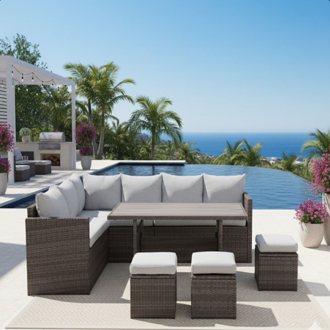 7 Piece All Weather Patio Dining Set With Cushions, Sectional Sofa, Ottomans &amp; Table For Backyard - Gray / Brown