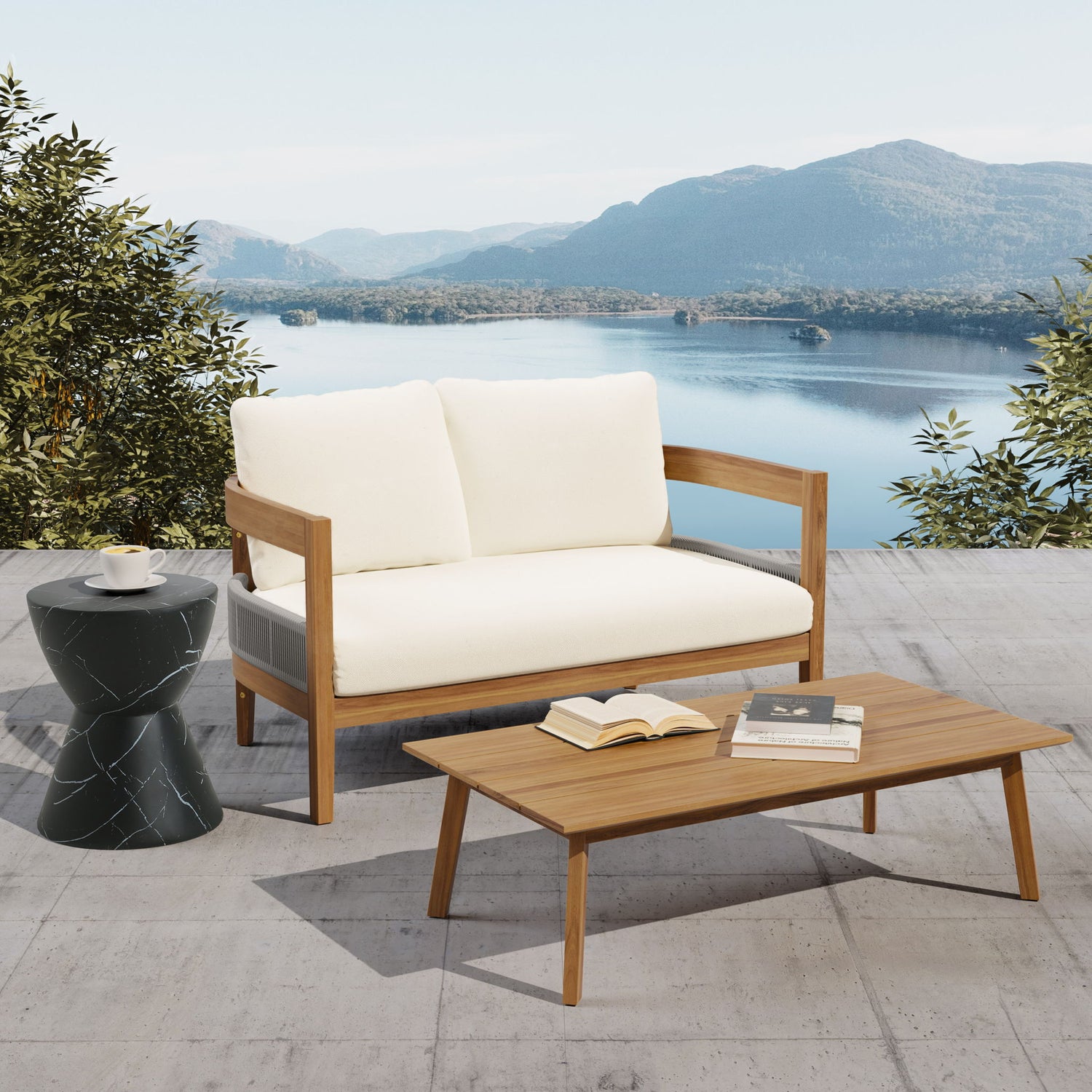 Porto - Outdoor Loveseat &amp; Table - Beige / Teak