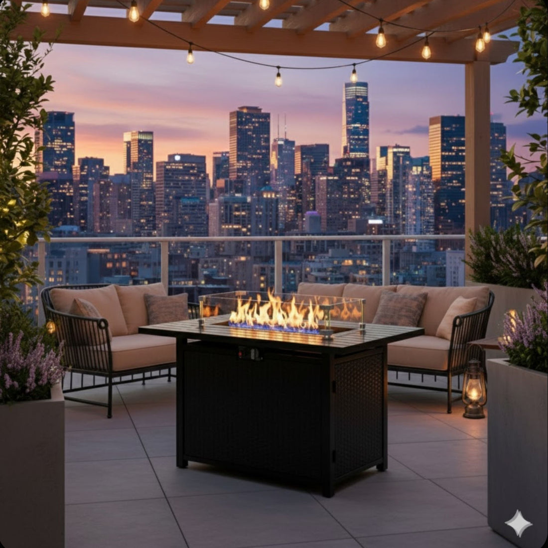 Outdoor 2 In 1 Propane Fire Pit Table With Lid &amp; Glass Shield, Rectangular Fire Table, Lava Rock &amp; Cover - Black