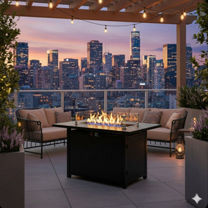 Outdoor 2 In 1 Propane Fire Pit Table With Lid &amp; Glass Shield, Rectangular Fire Table, Lava Rock &amp; Cover - Black