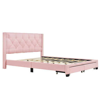 Queen Size Storage Bed Linen Upholstered Platform Bed &amp; Two Drawers - Pink