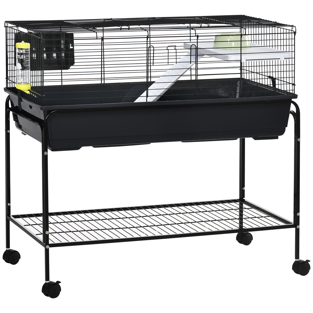 Pawhut - Two-Story Small Animal Cage Removable From Stand, Guinea Pig Cage, Hedgehog Cage, Chinchilla Cage, Ferret, With Shelf &amp; Wheels, Pet Habitat - Black