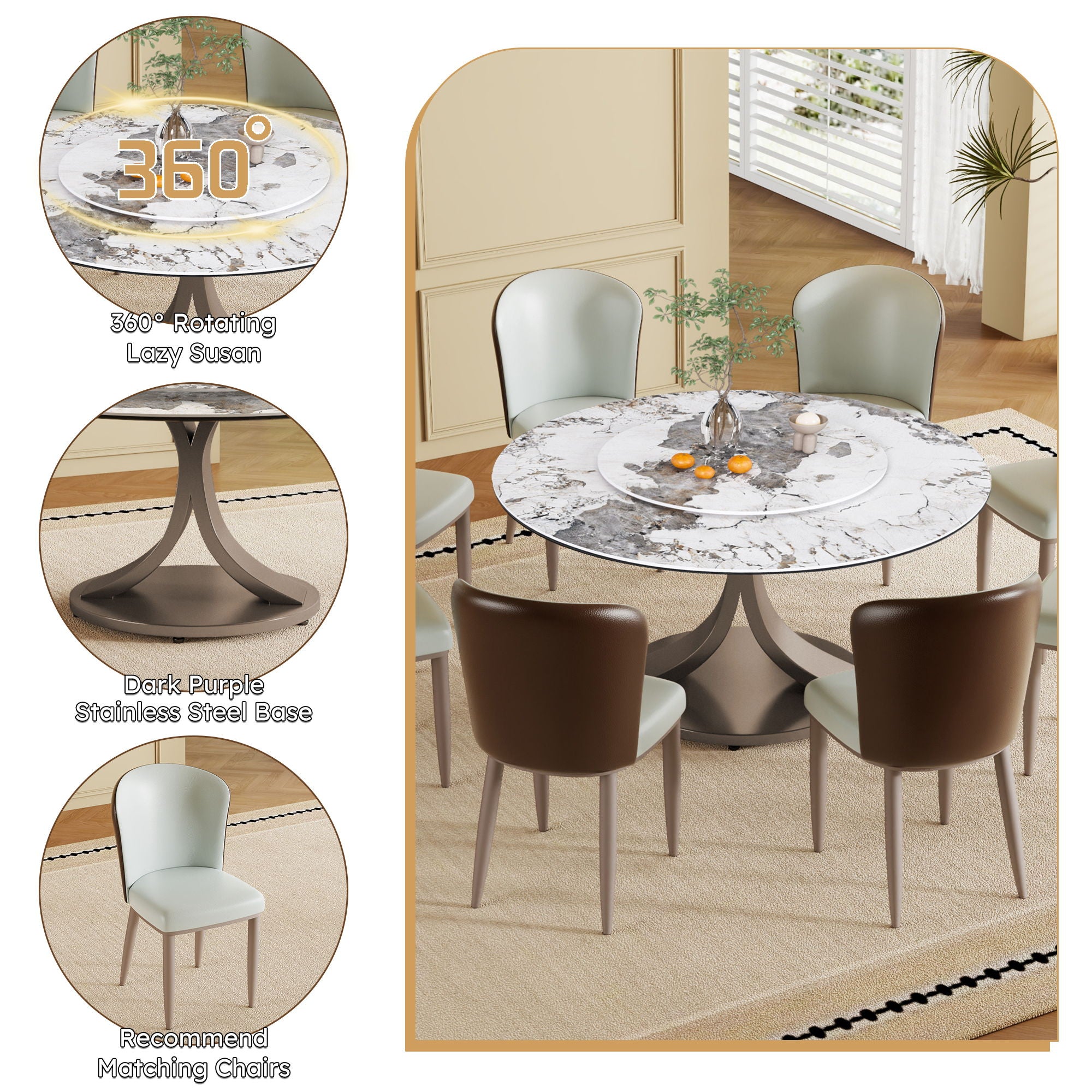 Modern Round Dining Table With 360° Rotating Lazy Susan Scratch &amp; Chairs