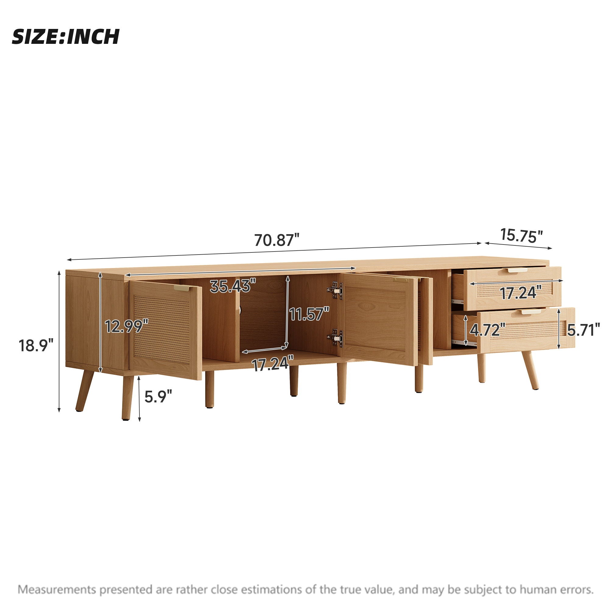 TV Stand, Media Console, 2 Drawers &amp; Cable Management - Natural Wood