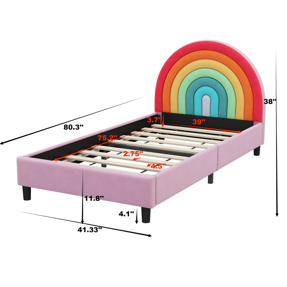 Rainbow Design Upholstered Twin Platform Bed Cute Style Princess Bed For Boys &amp; Girls, Teens - Colorful / Pink