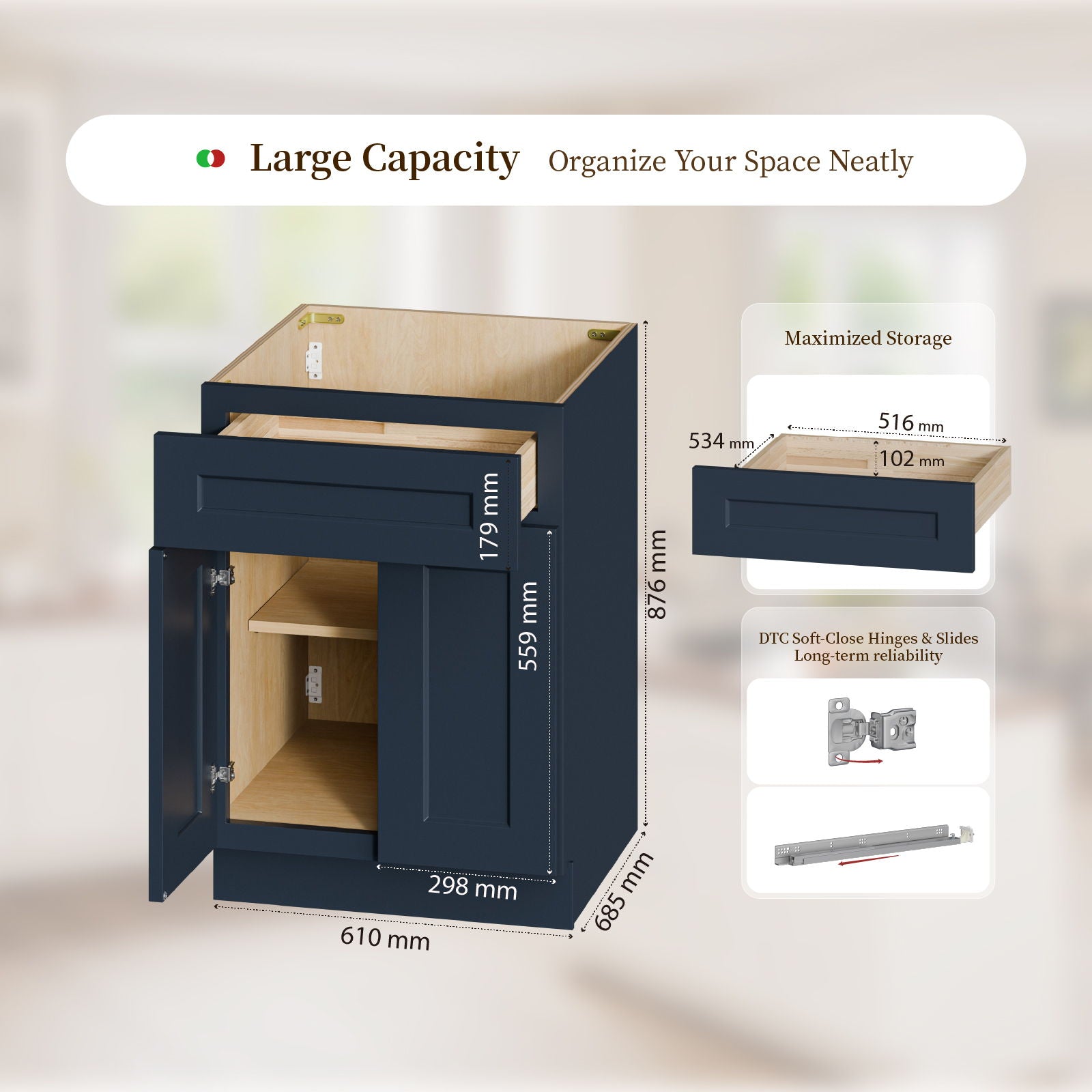 Shaker Base Cabinet With Soft-Close Drawer &amp; Double Doors, Adjustable Shelf