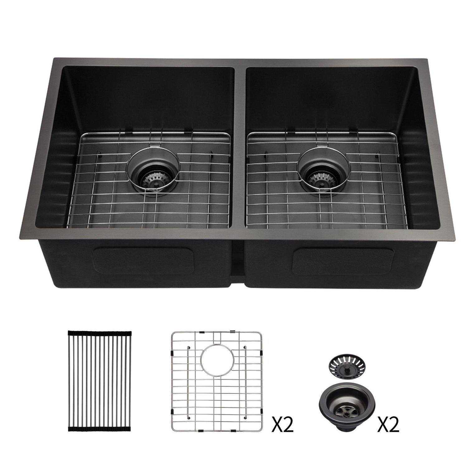 Double Bowl Undermount Kitchen Sink 16 Gauge 33&quot; X 19&quot; With Dual 10&quot; Deep Basins - Gunmetal Black