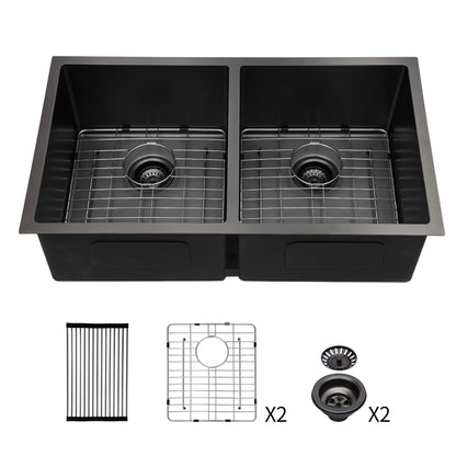 Double Bowl Undermount Kitchen Sink 16 Gauge 33&quot; X 19&quot; With Dual 10&quot; Deep Basins - Gunmetal Black