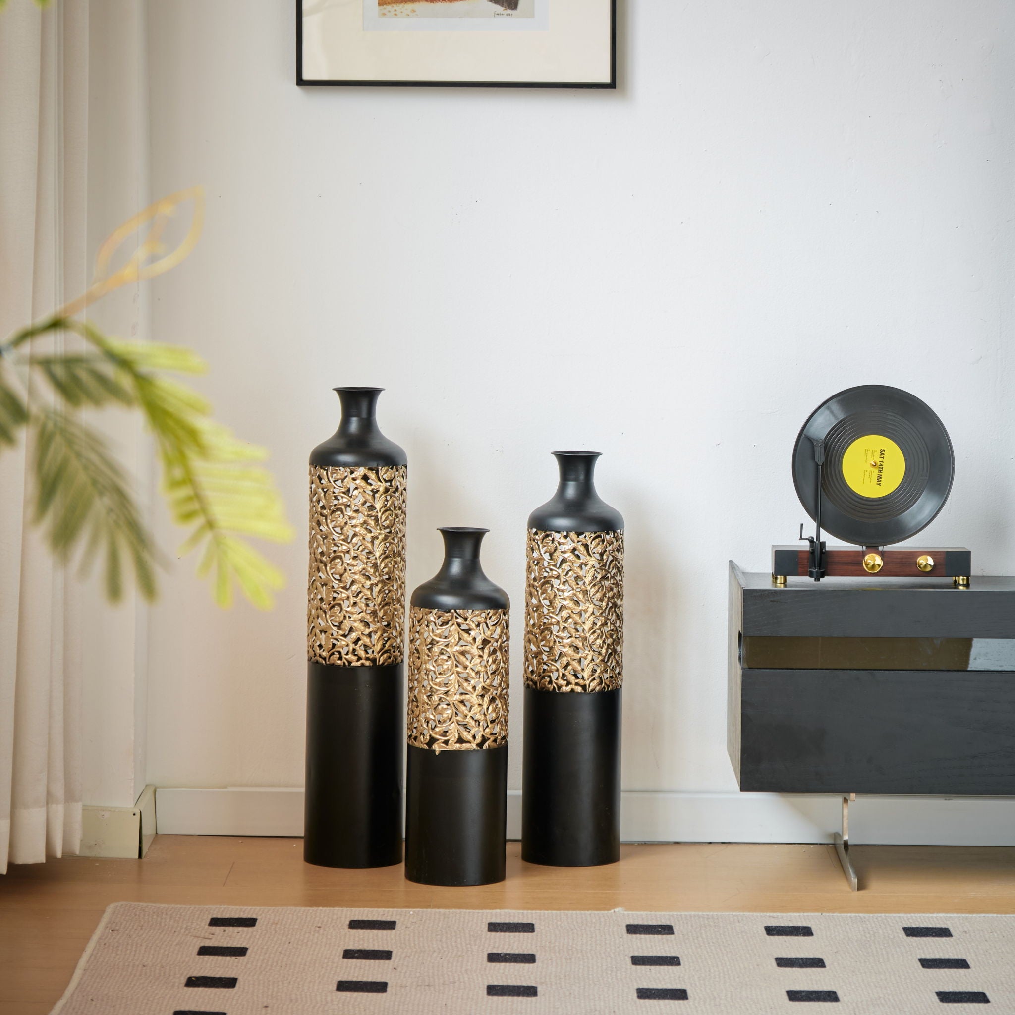 Floor Metal Vases Decorated Metal Vases (Set of 3) Gorgeous Home Decoration Large Glazed Metal Vases - Black / Gold