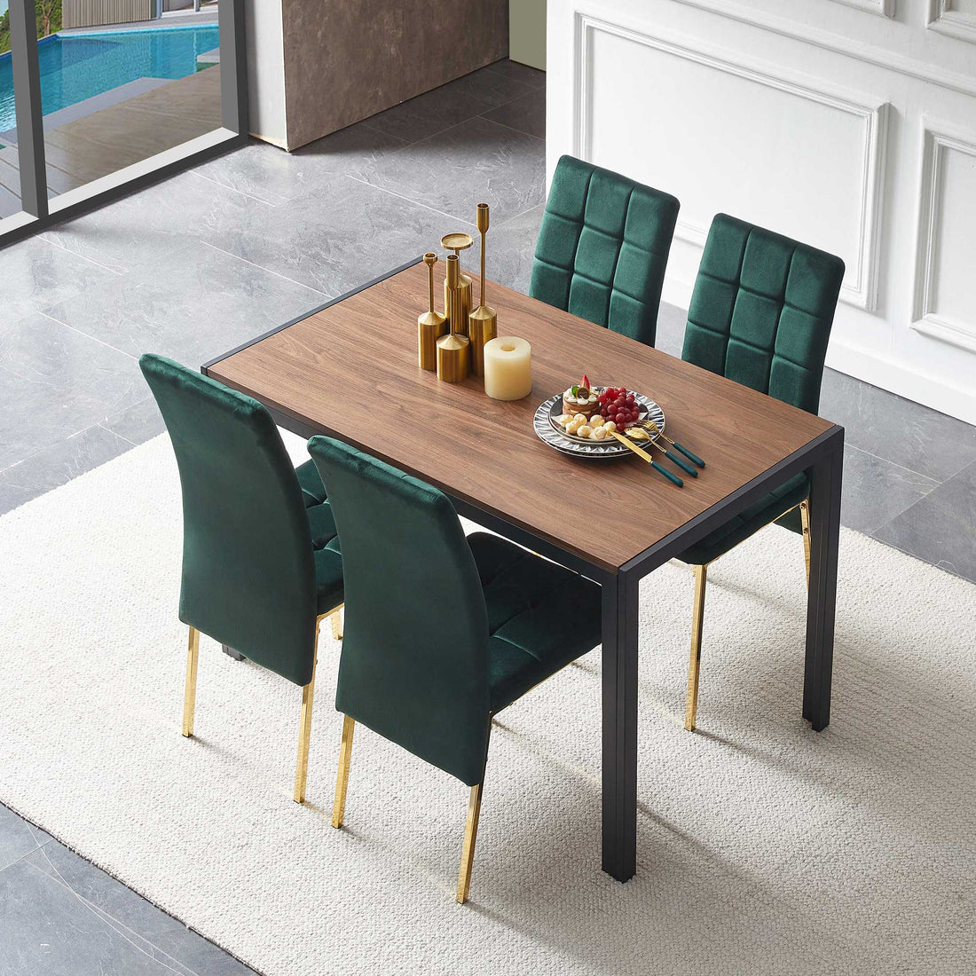 5 Pieces Dining Set Including Velvet High Back Golden Color Legs Nordic Dining Chair &amp; Creative Design Dining Table