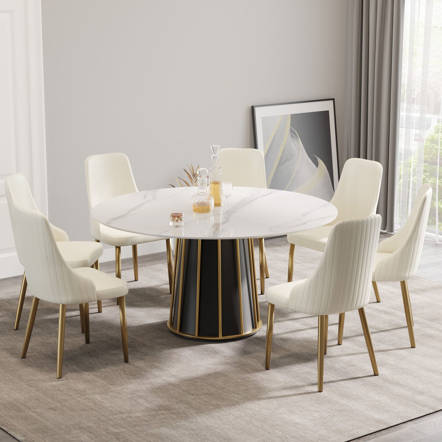 59.05&quot; Modern Artificial Stone Round Panel Metal Iron Base Dining Table, Can Accommodate 8 People, (Not Including Chairs) - White / Black