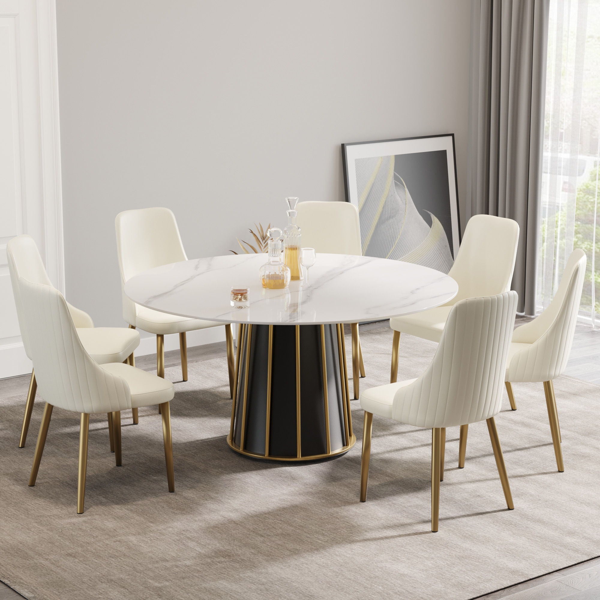 59.05&quot; Modern Artificial Stone Round Panel Metal Iron Base Dining Table, Can Accommodate 8 People, (Not Including Chairs) - White / Black