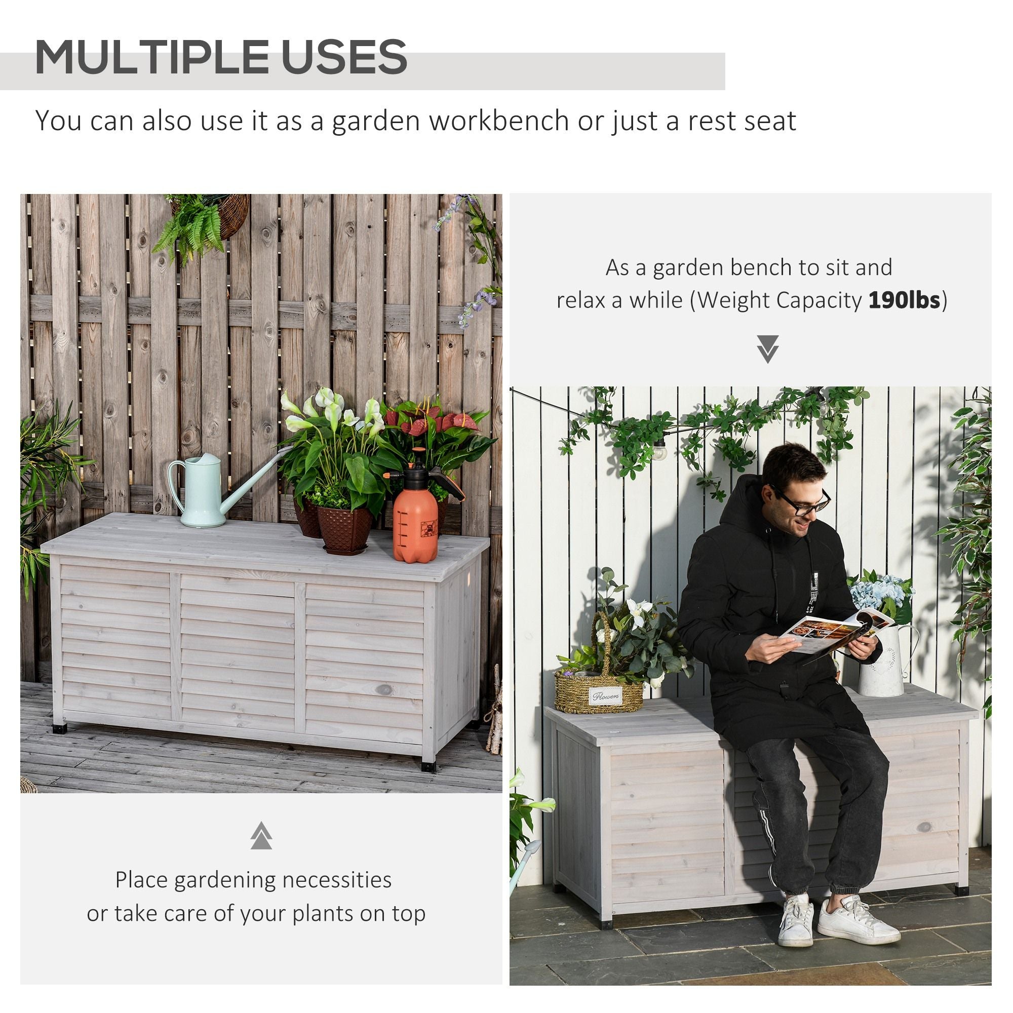 Outsunny - 75 Gallon Wooden Deck Box, Outdoor Storage Container With Aerating Gap &amp; Weather-Fighting Finish - Gray