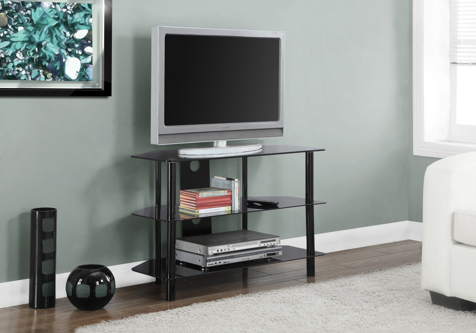 TV Stand, 36 Inch, Console, Media Entertainment Center, Storage Shelves, Contemporary &amp; Modern - Black