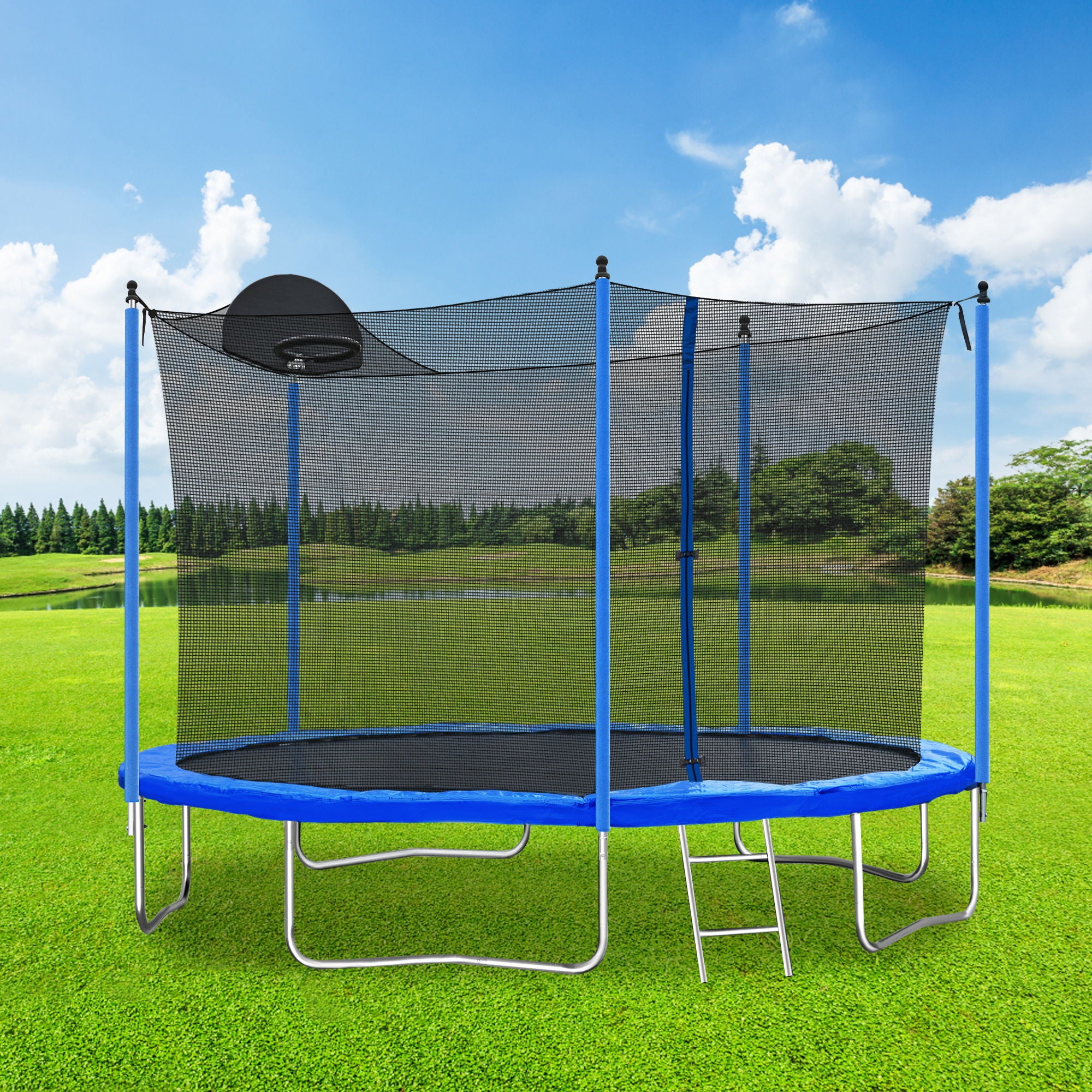 12Ft Trampoline For Adults &amp; Kids With Basketball Hoop, Outdoor Trampolines With Ladder And Safety Enclosure Net For Kids And Adults - Blue