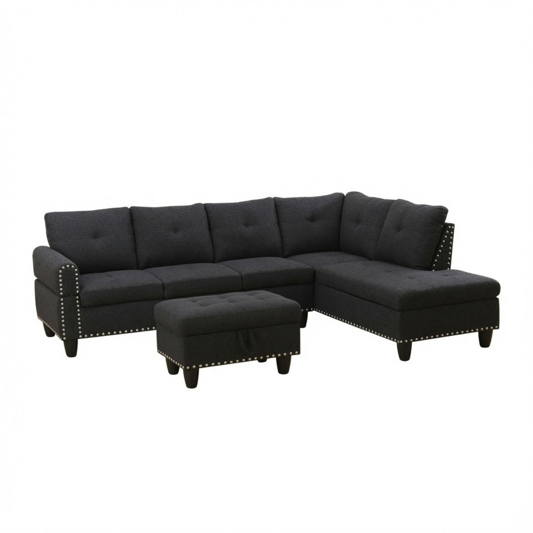 L - Shaped 3 Piece Sectional Sofa With Chaise, Storage Ottoman &amp; Cup Holders