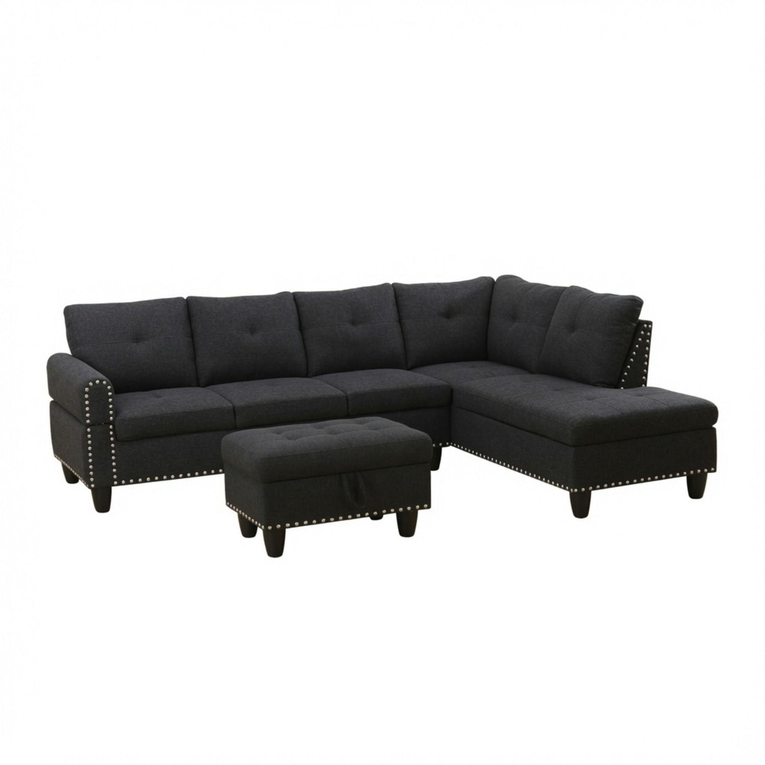 L - Shaped 3 Piece Sectional Sofa With Chaise, Storage Ottoman &amp; Cup Holders