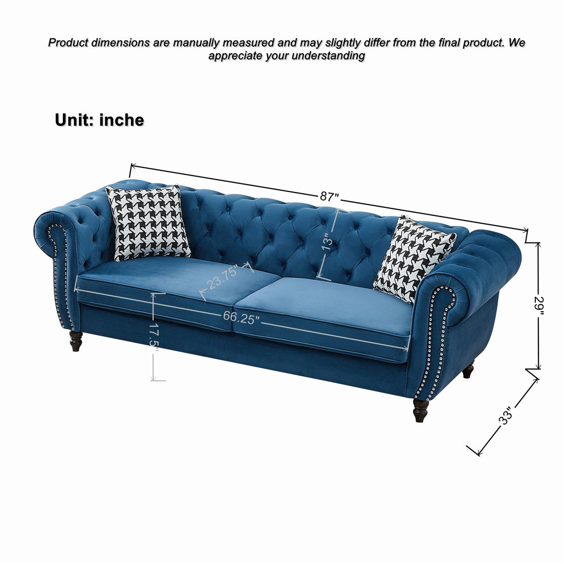 Mid Century Chesterfield Velvet Fabric Sofa With Roll Armrest &amp; Nailhead, Blue, 87 Inches