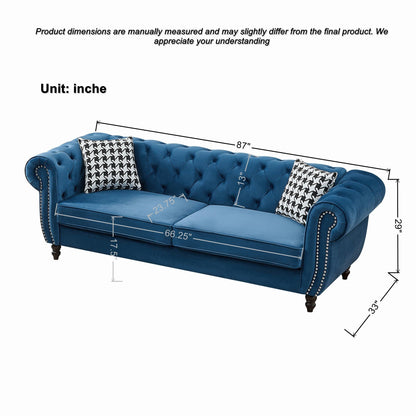 Mid Century Chesterfield Velvet Fabric Sofa With Roll Armrest &amp; Nailhead, Blue, 87 Inches
