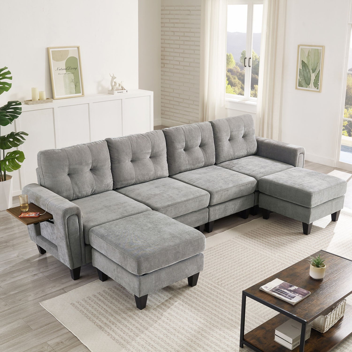 Modular Sectional Sofa With Movable Ottomans, USB Ports &amp; Side Tables