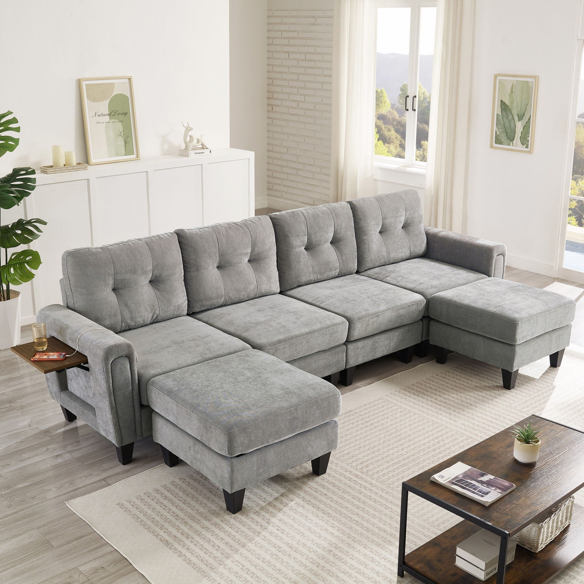 Modular Sectional Sofa With Movable Ottomans, USB Ports &amp; Side Tables