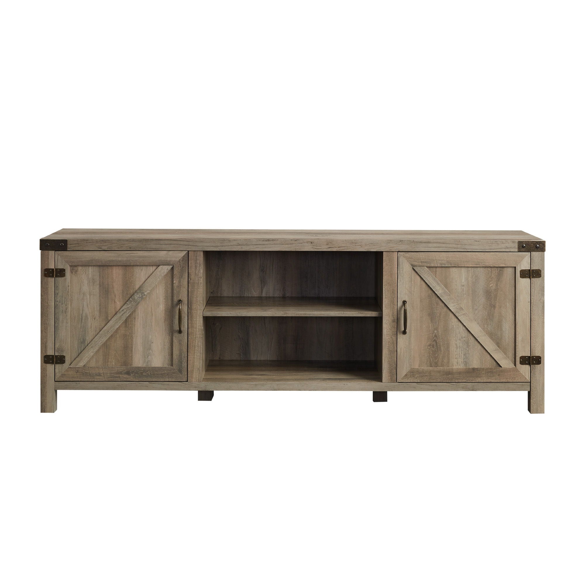 Rustic Farmhouse Double Barn Door 70&quot; TV Stand For 80&quot; TVs With Center Shelves